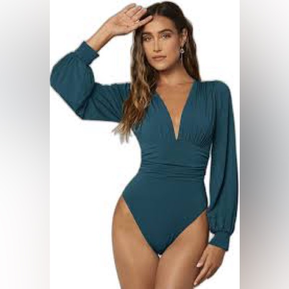 21 Saints Tops - 21 Saints Teal Deep V-Neck Long Sleeve Bodysuit | Stretch | Est. Medium